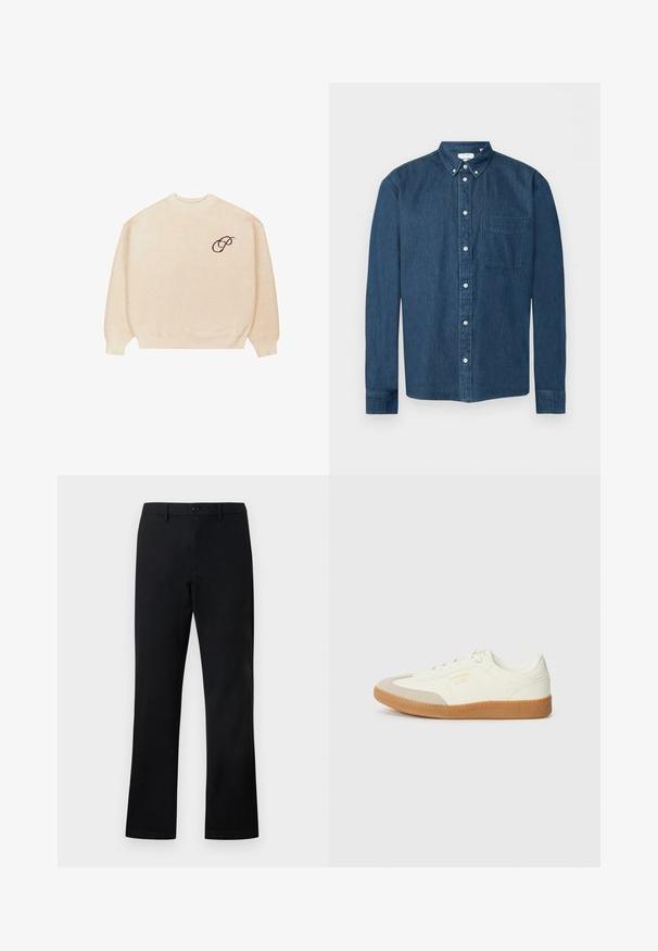 Pull en beige à col rond avec des manches longues et des bords côtelés, arborant un petit script brodé en noir "P" sur la poitrine gauche.; Chemise en denim bleu foncé boutonnée, manches longues, une poche avant à gauche et un col boutonné, présentée sur fond blanc.; Pantalons noirs à jambes droites avec fermeture à bouton et à glissière, passants pour ceinture et poches latérales, présentés sur un fond blanc.; Baskets en cuir blanc avec une coque beige et une semelle en caoutchouc marron clair. Dotées de lacets blancs plats et d'un logo embossé sur le côté.