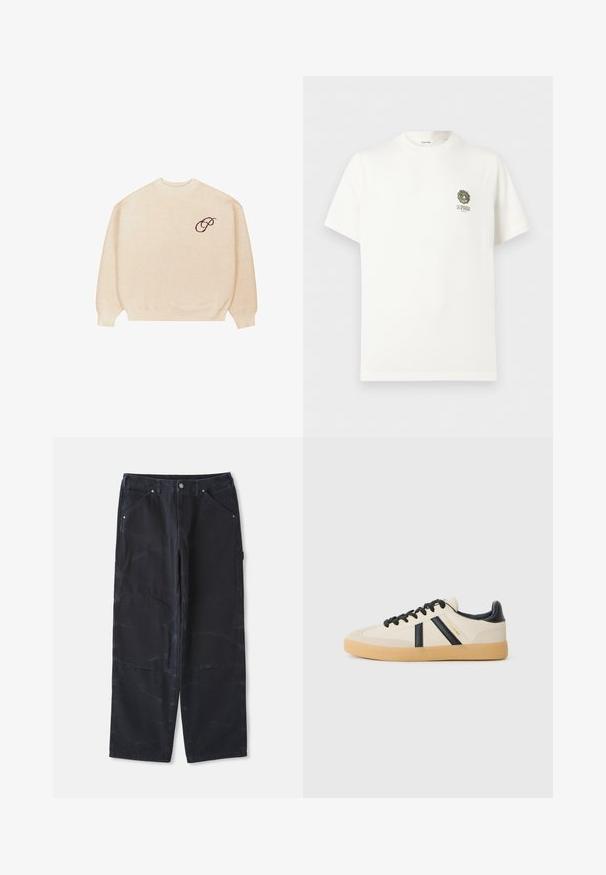 Beige crewneck sweater med lange ærmer og ribbede manchetter, med en lille mørk broderet skrifttype "P" på venstre bryst.; Hvid T-shirt med korte ærmer med lille grønt paraply og "LA SPIAGGIA" tekstlogo på venstre bryst.; Sorte vide bukser lavet af denim med en tekstureret overflade, med forlommer og en klassisk knaplukning.; Casual sneakers i creme med sorte striber, med en tekstureret overdel og sål i gummigummi. Snørebåndene er sorte. Diskret logo på siden.