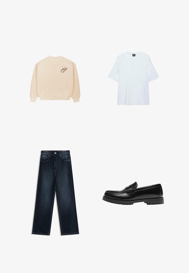 Beige crewneck sweater med lange ærmer og ribbede manchetter, med en lille mørk broderet skrifttype "P" på venstre bryst.; Hvid, oversized T-shirt med korte ærmer og rund halsudskæring, med en sort etiket inde i kraven på en hvid baggrund.; Vidbenede mørkeblå denimjeans med en glat tekstur, der har frontlukning med knapper, fem lommer og kontrasterende syninger.; Sort læderloafer med en kraftig gummisål og klassiske penny-strap detaljer, vist fra ydersiden.