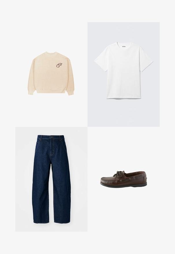 Beige crewneck sweater med lange ærmer og ribbede manchetter, med en lille mørk broderet skrifttype "P" på venstre bryst.; Hvid kortærmet crewneck T-shirt lagt fladt ud, ensfarvet design, med "WEEKDAY" mærkat inde i kraven på en lys baggrund.; Bredde ben mørk denim jeans med høj talje, som har fem lommer, knaplukning foran og synlige syninger.; Mørkebrun læder mokkasinstil herresko med snøredetalje og sort gummisål på hvid baggrund.