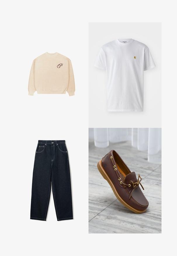 Beige crewneck sweater med lange ærmer og ribbede manchetter, med en lille mørk broderet skrifttype "P" på venstre bryst.; Hvid bomulds t-shirt med korte ærmer, rund hals og et lille guld logo på venstre brystområde. Blød tekstur og almindelig pasform.; Løsvidde, mørke denim jeans med kontrastfarvet hvid syning, fem lommer og knappelukning. Har et højt talje-design.; Brun bådsko i læder med gyldne snørehuller, snørelukning foran og en tanfarvet gummisål. Tekstureret overflade og logo på siden.
