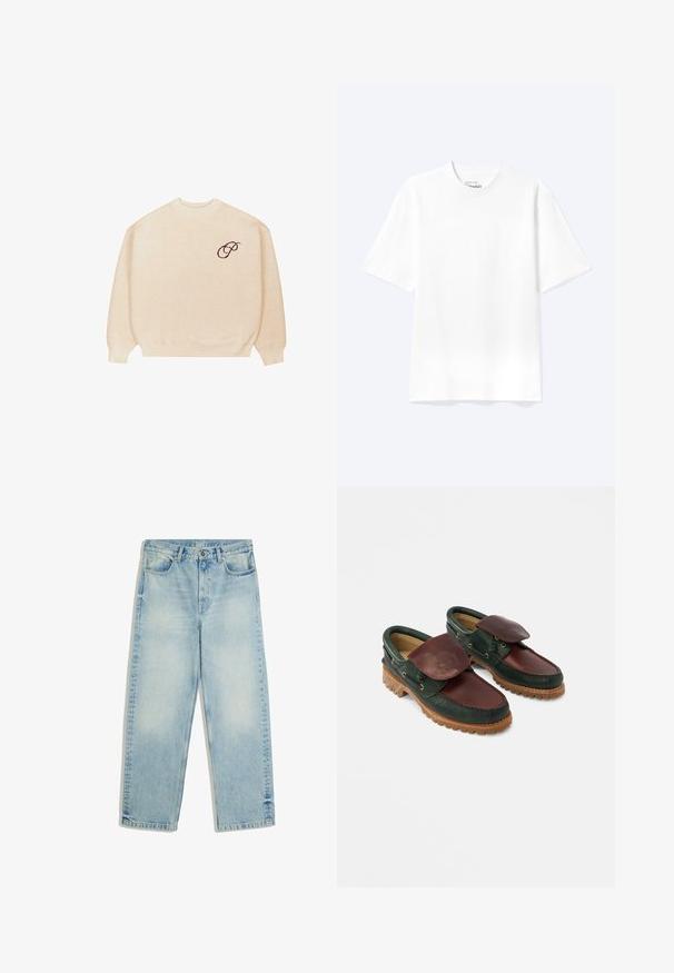 Beige crewneck sweater med lange ærmer og ribbede manchetter, med en lille mørk broderet skrifttype "P" på venstre bryst.; Enkel hvid T-shirt med korte ærmer og rund hals med afslappet pasform, vist på en lys baggrund.; Lyseblå jeans med lige ben og høj talje, foran knap, lynlås, bæltestropper og forlommer, vist fladt på hvid baggrund.; Lædersko med en mørkegrøn krop og en burgunderrød top, rund tå, fastgjort klap og tekstureret gummisål med riller.