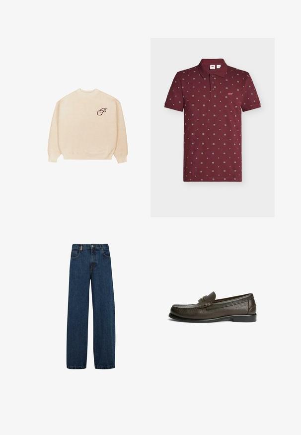 Beige crewneck sweater med lange ærmer og ribbede manchetter, med en lille mørk broderet skrifttype "P" på venstre bryst.; Vinrød kortærmet polo med krave, knaplukning, lille hvidt geometrisk mønster og rød Levi's-logo på brystet.; Jeans i mørkeblå denim med bred benkurv, fem-lomme design og klassisk knaplukning med metal lynlås.; Mørkebrun læder slip-on loafer med struktureret finish, lav hæl og dekorativ rem over toppen.