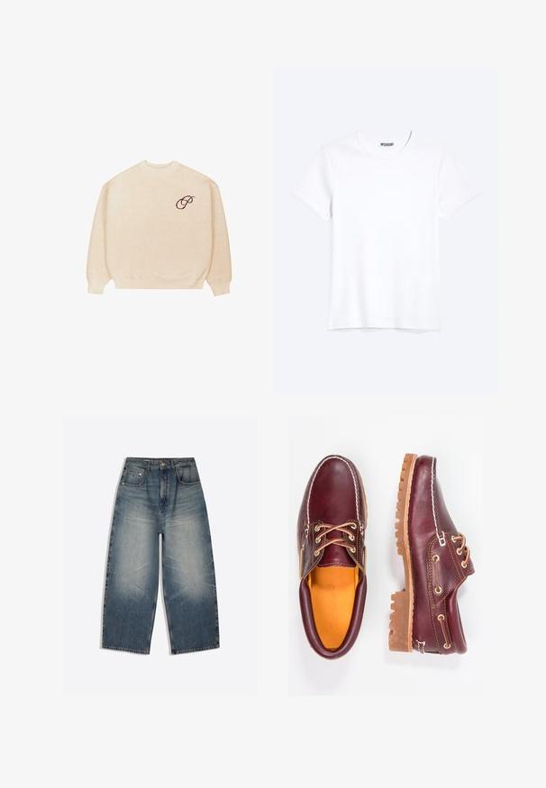 Beige crewneck sweater med lange ærmer og ribbede manchetter, med en lille mørk broderet skrifttype "P" på venstre bryst.; Enkelt hvid T-shirt med korte ærmer og rund hals med synligt WEEKDAY-mærke i kraven, vist på en lys baggrund.; Bredbenede blå denimjeans med falmet front, design med fem lommer, bæltestropper og knappelukning lagt fladt på en hvid baggrund.; Bordeaux lædersko med brune gummisåler, rund tå, hvid syning og gyldne snøringer. Indersiden har et gult for.
