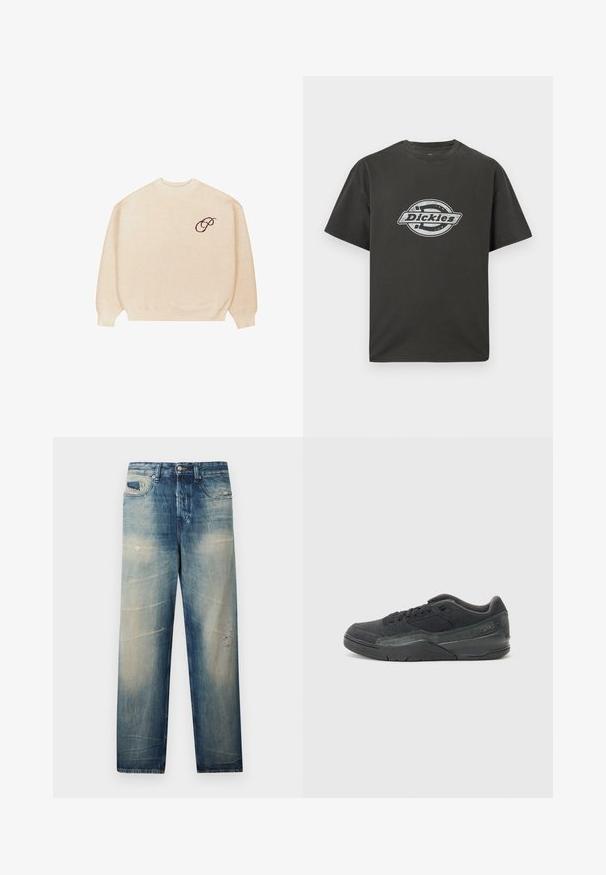 Beige crewneck sweater med lange ærmer og ribbede manchetter, med en lille mørk broderet skrifttype "P" på venstre bryst.; Mørkegrå T-shirt med korte ærmer og rund hals, med en hvid slidt Dickies-logo centreret på brystet.; Blå falmede jeans med lige ben, slidte detaljer og forlommer, knap- og lynlåslukning, vist på en ensfarvet baggrund.; Sort ruskinds sneaker med et struktureret meshpanel, gummiydersål, polstret krave og tonet syninger, designet til komfort og støtte.