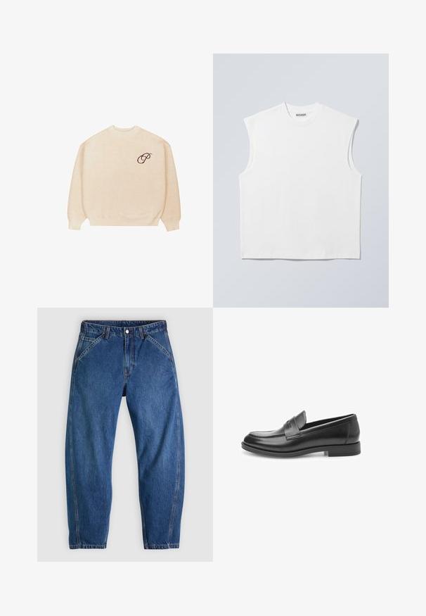 Beige crewneck sweater med lange ærmer og ribbede manchetter, med en lille mørk broderet skrifttype "P" på venstre bryst.; Hvid ærmeløs bomulds top med rund hals og markerede skulderpartier, mærket "WEEKDAY" på halsmærket, vist på lys grå baggrund.; Blå denimjeans med afslappet pasform, med knaplukning, fem lommer og kontrasterende orange syninger. Glat tekstur over det hele.; Sorte læder loafers med en glat finish, rund tå og et dekorativt bånd tværs over forsiden. Flad gummisål, klassisk design.