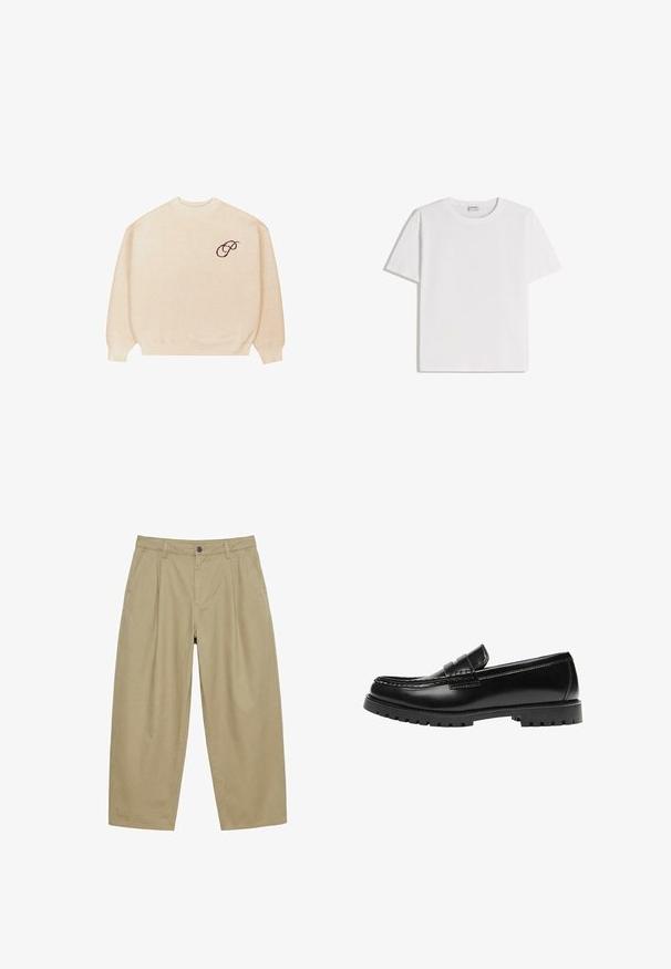 Pull en beige à col rond avec des manches longues et des bords côtelés, arborant un petit script brodé en noir "P" sur la poitrine gauche.; T-shirt en coton blanc avec un col rond et des manches courtes. Présente une coupe classique et carrée, sans motifs ni accents visibles.; Pantalon large kaki avec plis sur le devant, passants pour ceinture, poches latérales et fermeture par bouton à la taille.; Mocassin en cuir noir avec une semelle en caoutchouc épaisse et un détail classique de bride à monnaie, vu de côté extérieur.