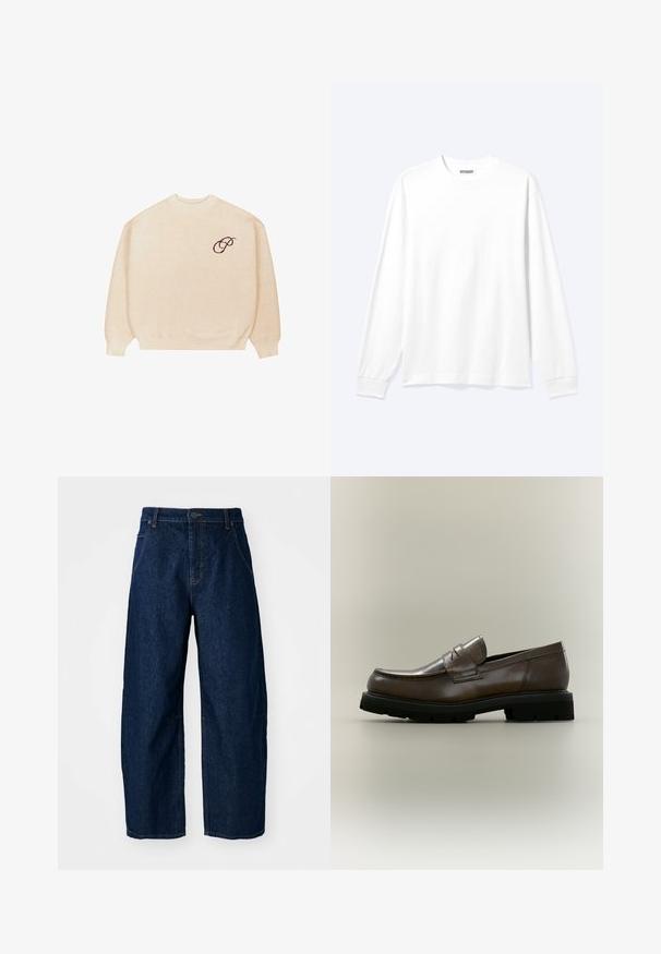Beige crewneck sweater med lange ærmer og ribbede manchetter, med en lille mørk broderet skrifttype "P" på venstre bryst.; Langærmet plain hvid skjorte med rund hals og ribkantede manchetter, vist på en neutral lys baggrund.; Bredde ben mørk denim jeans med høj talje, som har fem lommer, knaplukning foran og synlige syninger.; Brun læderloafer med tyk sort gummisål, lav hæl og en rem over øverste del, vist fra siden på en neutral baggrund.