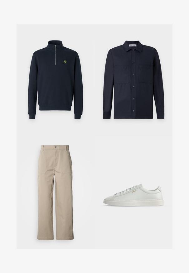 Tumedamast kangast nööpidega dressipluus, millel on kõrge krae, soonikkoes mansetid ja väike roheline logo plaastriga rinnal.; Samsøe Samsøe TAKA JO OVERSHIRT - Pluus - dark blue; Beežid laia lõikega püksid puuvillast; ees on tikand taskud, nööpidega kinnis ja nähtav õmblus äärte juures.; Valge madala säärega nahast tennisejalats paeltega, tasase tallaga ja väikese kuldse "BOSS" logoga küljel, vaadatuna välisküljelt.
