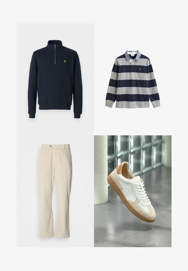 Marine blauwe rits-trui van zacht materiaal, met een hoge kraag, ribgebreide manchetten en een klein groen logo op de borst.; Rugbyshirt met lange mouwen met brede horizontale strepen in marineblauw en grijs, lichtblauwe kraag en klein logo op de linkerborst.; Beige corduroy broeken met een knoop- en ritssluiting, riemlussen en rechte pijpen op een witte achtergrond.; Witte en beige sneaker met een beige zool en hiel, witte veters, "GANT" branding op de zijkant en tong, zwevend boven een gepolijste betonnen vloer.