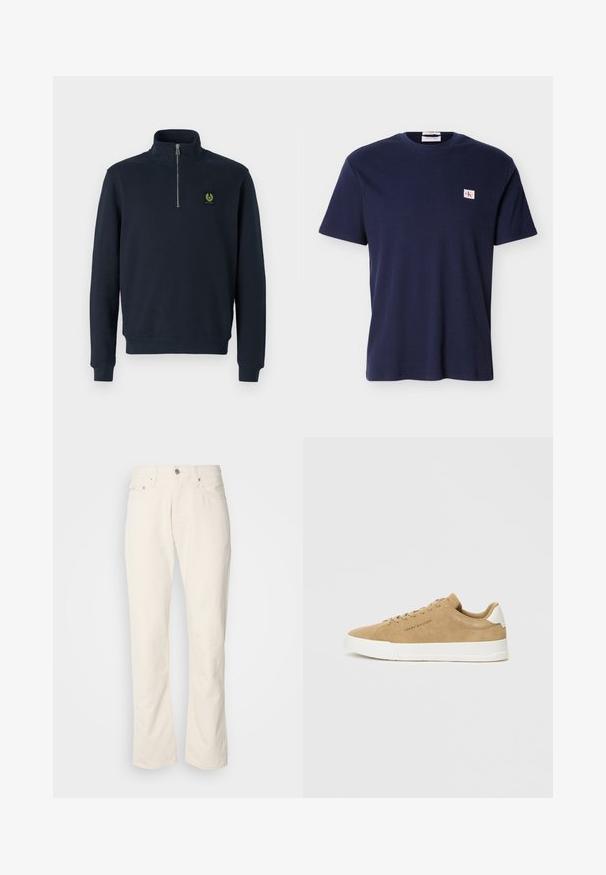 Marineblå zip-up sweatshirt lavet af blødt stof, med høj krave, ribbede manchetter og et lille grønt logo-patch på brystet.; Marineblå kortærmet ribstrikket t-shirt med rund hals og lille Calvin Klein logo-patch på venstre bryst.; Beige bomuldsjeans med et klassisk lige ben-design, der har en forreste knaplukning, fem lommer og diskrete syninger.; Beige ruskinds sneakers med en hvid gummisål, rund tå, flade snørebånd og et diskret logo på siden. Glat tekstur og minimalistisk design.