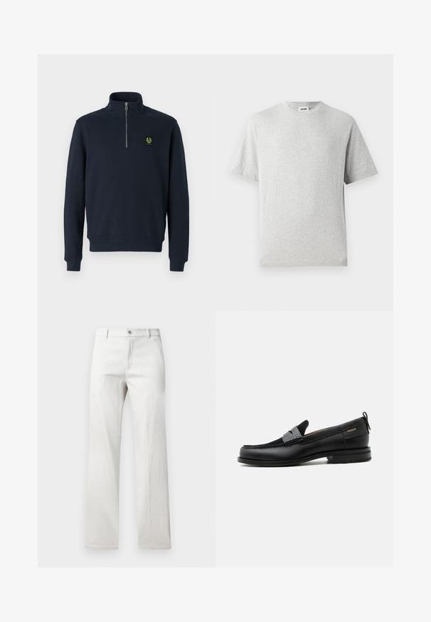 Marineblaues Zip-Pullover aus weichem Stoff, mit hohem Kragen, gerippten Bündchen und einem kleinen grünen Logo-Patch auf der Brust.; Graues T-Shirt mit kurzen Ärmeln aus weichem Stoff. Besitzt einen Rundhalsausschnitt, einen lockeren Schnitt und keine Muster oder Logos. Glatte Textur über das gesamte Shirt.; Helle graue Hose mit geradem Bein, aus einem glatten Stoff gefertigt, mit vorderer Knopfverschluss und Seitentaschen.; Schwarzer Lederloafer mit grauem Riemendetail, niedrigem Absatz und strukturierter Sohle, seitlich mit „HUGO“ in Gold gebrandmarkt.