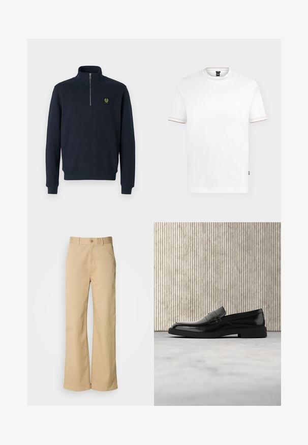 Marine blauwe rits-trui van zacht materiaal, met een hoge kraag, ribgebreide manchetten en een klein groen logo op de borst.; Wit T-shirt met korte mouwen en ronde hals met subtiel beige biesje op de kraag en mouwen, en een klein zwart merklabel aan de onderzijde.; Beige, wijde broek gemaakt van een katoenmix. Voorzien van een knoopsluiting en riemlussen. Soepele textuur, met minimale stikseldetails.; Zwarte gepolijste leren loafer die boven een beige tapijt zweeft met oranje doorschijnend meubilair op de achtergrond.