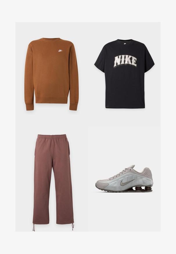 Καφέ φούτερ Nike με μακρύ μανίκι και στρογγυλή λαιμόκοψη και μικρό λευκό λογότυπο στο αριστερό μέρος του στήθους, εμφανίζεται σε απλό ανοιχτό γκρι φόντο.; Μαύρο κοντομάνικο T-shirt με μεγάλο λευκό κείμενο "NIKE" με έντονο, κυματιστό στυλ στο στήθος και μικρό λευκό λογότυπο Nike στο εσωτερικό του γιακά.; Καφέ παντελόνι με ελαστική μέση, κατασκευασμένο από απαλό ύφασμα, με πλαϊνές τσέπες και ρυθμιζόμενα κορδόνια στα μανσέτα για εξατομικευμένη εφαρμογή.; Αθλητικά παπούτσια τρεξίματος Nike σε ανοιχτό γκρι, με λεία υφή, καμπύλη σχεδίαση και ορατά ελατήρια απορρόφησης κραδασμών σε σκούρο καφέ στην φτέρνα.