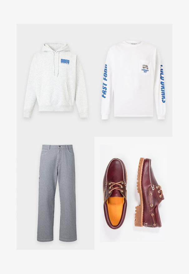 Light gray hoodie made from soft fabric, featuring a front kangaroo pocket and blue graphic text on the left chest. Adjustable drawstring hood.; White long-sleeve shirt made of cotton. Features blue text on sleeves and a pocket with a graphic of a food truck and "Carhartt WIP."; Gray and white vertical striped straight-leg pants with front pockets and a button closure waistband.; Burgundy leather shoes with brown rubber soles, round toe, white stitching, and gold eyelets. Interior features a yellow lining.