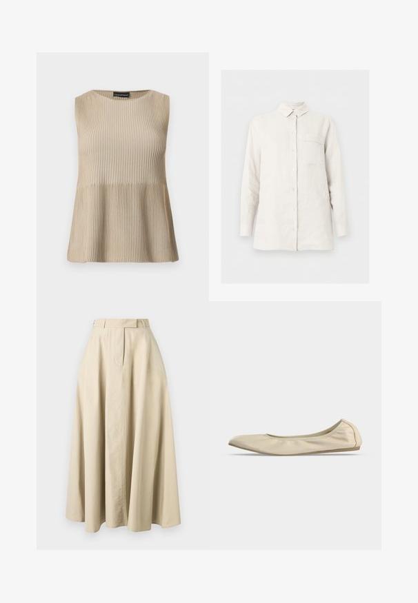 Haut beige sans manches en maille côtelée avec encolure ronde et ourlet évasé, présenté sur un fond blanc.; Chemise blanche à manches longues avec col et poche poitrine unique, boutonnée, présentée sur un fond clair et uni.; Jupe midi beige coupe trapèze avec une taille haute, une fermeture avant dissimulée et des détails de couture subtils, présentée sur un fond uni.; Ballerine beige en cuir souple avec bout arrondi, profil latéral bas et semelle fine en caoutchouc sur fond blanc uni.
