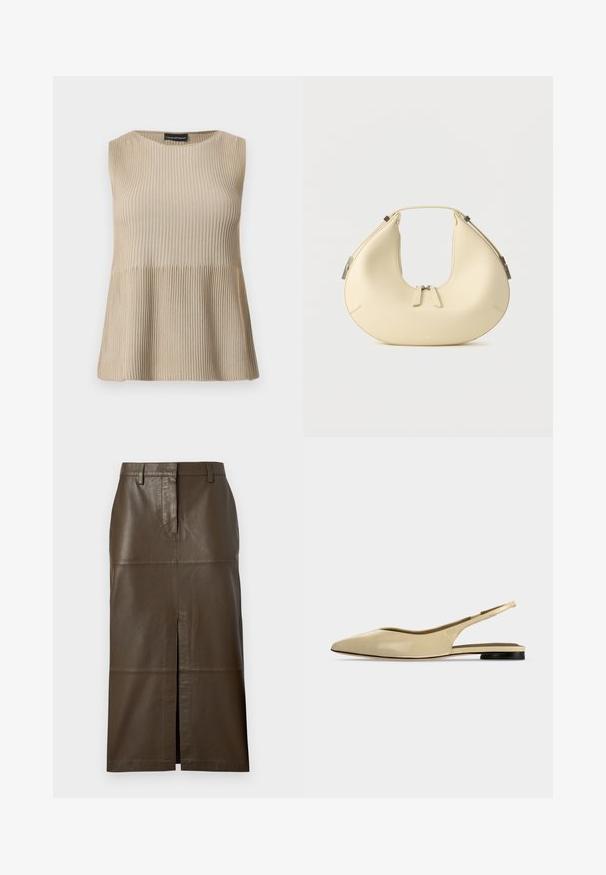 Haut beige sans manches en maille côtelée avec encolure ronde et ourlet évasé, présenté sur un fond blanc.; Jupe midi en cuir marron avec une fente avant, des passants de ceinture, un design en panneaux et une texture lisse. Adaptée à divers styles.; Chaussure plate beige à bout pointu avec bride arrière, petit talon noir et finition en cuir lisse, vue de côté sur un fond uni.; Sac à main beige en forme de croissant avec fermeture à double fermeture éclair et poignée courte, avec des détails en métal argenté sur les côtés.