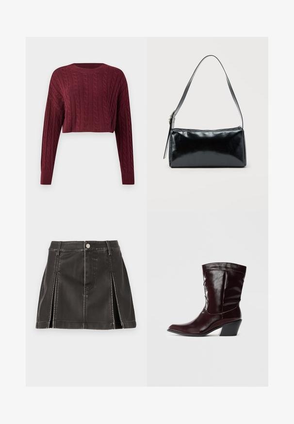 Bordeaux cropped sweater med et kabelstrik mønster, lange ærmer og ribkantet halsudskæring og manchetter, der viser tekstureret stof.; Sort faux læder nederdel med høj talje, udsmykket med syede detaljer og sidelæg. Metalknaplukning foran.; Bordeaux læder ankelstøvler med spids tå, tekstureret overflade og en lav, taperet hæl. Har diskrete søm og en tætsiddende pasform.; Sort rektangulær skuldertaske med en enkelt justerbar rem og lynlås i toppen på en ensfarvet baggrund.