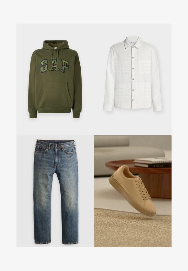 Sudadera verde oliva con bolsillo canguro frontal, capucha con cordones y logotipo "GAP" en estampado de camuflaje en el pecho.; Camisa blanca texturizada de manga larga con botones, cuello y un único bolsillo en el pecho, completamente abotonada al frente.; Jeans de mezclilla azul deslavados de pierna recta con bolsillos frontales, trabillas para cinturón, cierre de botón y cremallera, sobre un fondo claro.; Zapatilla beige con cordones flotando sobre una alfombra texturizada con una mesa de café de madera y libros apilados en un fondo desenfocado.
