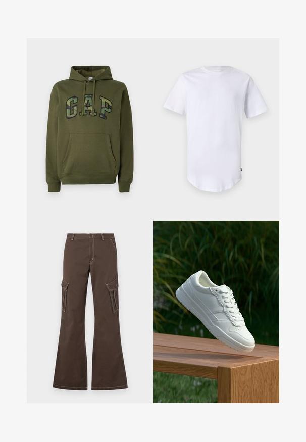Olivegrüner Hoodie mit frontaler Kängurutasche, Kapuze mit Kordelzug und "GAP"-Logo im Camouflage-Druck über der Brust.; Weißes T-Shirt mit kurzen Ärmeln aus Baumwolle. Rundhalsausschnitt mit abgerundetem Saum. Etikett auf der unteren linken Seite sichtbar. Glatte Textur.; Braune Cargo-Hosen mit Schlagbeinen, seitlichen Taschen, weißen Nahtakzenten und einem Metallknopfverschluss.; Weiße Ledersneaker mit glatter Oberfläche, ausgestattet mit einem perforierten Design, klassischer Schnürung und Gummisohle, positioniert auf einer Holzoberfläche.