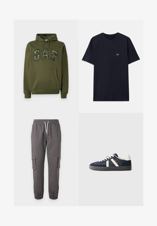 Sudadera verde oliva con bolsillo canguro frontal, capucha con cordones y logotipo "GAP" en estampado de camuflaje en el pecho.; Camiseta de algodón de color azul marino con mangas cortas y cuello redondo. Presenta un pequeño logo blanco "A|X" en la parte izquierda del pecho.; Pier One RELAXED CARGO - Pantalones cargo - dark grey; Zapatilla azul marino con cordones blancos, dos franjas blancas en el costado, suela negra y marca "JACK & JONES" en dorado y negro.