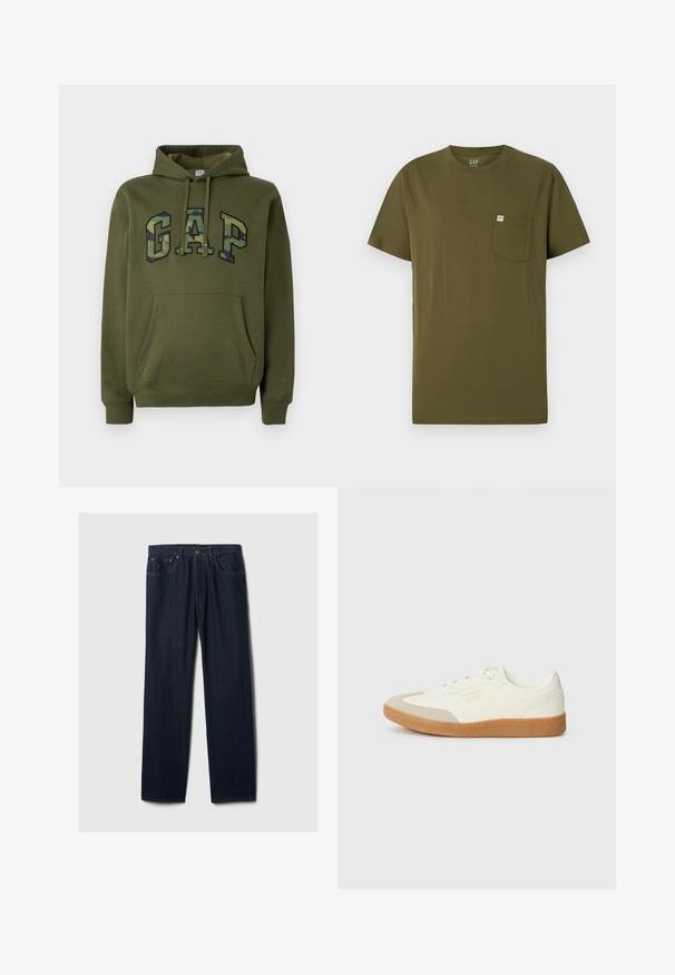 Olivengrøn hættetrøje med frontkangaroo-lomme, snoretræk i hætten og "GAP" logo i camouflageprint på brystet.; Olivengrøn bomulds t-shirt med rund hals, korte ærmer og en venstre brystlomme med et lille mærkelabel. Glat tekstur.; Mørkeblå lige ben denim jeans med fem lommer, knaplukning og synlig syning på en ensfarvet lys baggrund.; Sneaker lavet af hvid læder med en beige tåhætte og let brunt gummisål. Har flade hvide snørebånd og prægede branding på siden.
