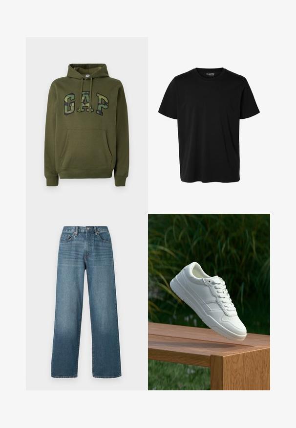 Sudadera verde oliva con bolsillo canguro frontal, capucha con cordones y logotipo "GAP" en estampado de camuflaje en el pecho.; Camiseta negra lisa de manga corta y cuello redondo con corte de hombre, sin patrones ni logotipos visibles en el delantero.; Pantalones vaqueros de mezclilla oscuros de pierna ancha con cierre de botón, trabillas para cinturón y una textura desgastada. Cuenta con cinco bolsillos y costuras en contraste.; Zapatilla de cuero blanca con una textura suave, que presenta un diseño perforado, cordones clásicos y suela de goma, posicionada sobre una superficie de madera.