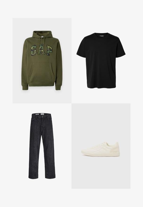 Oliivinvihreä huppari, jossa on etupäivä tasku, säädettävä huppu ja "GAP"-logo camouflage-kuvassa rinnassa.; Yksivärinen musta lyhythihainen pikeekangaspuuvillapaita, jossa miehille sopiva leikkaus ja etupuolella ei näy kuvioita tai logoja.; Mustat farkut, joissa on suora lahje, perinteinen nappi- ja vetoketjukiinnitys, etutaskut ja hienovarainen tekstuuripinta.; ALDO THEPITCH - Matalavartiset tennarit - white