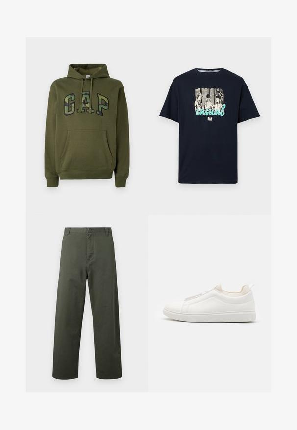 Hoodie vert olive avec poche kangourou à l'avant, capuche à cordon de serrage et logo "GAP" en impression camouflage sur la poitrine.; T-shirt bleu marine avec un graphisme vintage en noir et blanc représentant trois personnes, avec le mot « casual » en script bleu clair sur la poitrine.; Pantalons en coton verts avec une coupe droite, fermeture à bouton sur le devant et poches latérales. Texture lisse, style simple et sans motifs visibles.; Baskets blanches à enfiler avec une tige en cuir texturé, des panneaux latéraux élastiques et une semelle en caoutchouc. Design minimaliste sans marquage visible.
