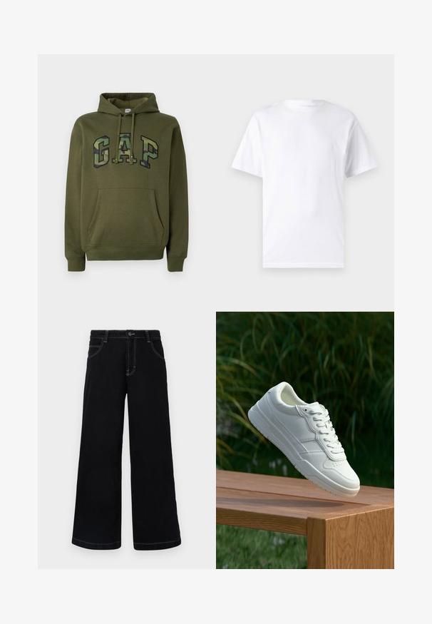Sudadera verde oliva con bolsillo canguro frontal, capucha con cordones y logotipo "GAP" en estampado de camuflaje en el pecho.; Camiseta blanca de manga corta hecha de algodón con cuello redondo, que presenta una textura suave y un diseño simple sin patrones ni acentos.; Pantalones de mezclilla negros de pierna ancha, con cierre de botón, cinco bolsillos y costuras en contraste de color blanco a lo largo de las costuras.; Zapatilla de cuero blanca con una textura suave, que presenta un diseño perforado, cordones clásicos y suela de goma, posicionada sobre una superficie de madera.