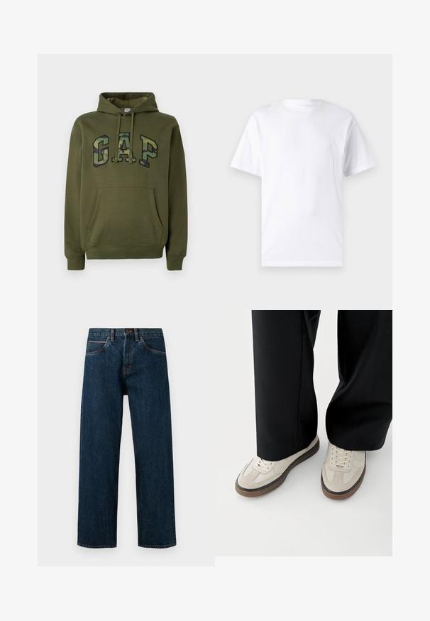 Olivengrøn hættetrøje med frontkangaroo-lomme, snoretræk i hætten og "GAP" logo i camouflageprint på brystet.; Hvid kortærmet t-shirt lavet af bomuld med rund hals, der har en glat tekstur og et simpelt design uden mønstre eller accenter.; Mørkeblå denim jeans med lige snit, der har fem lommer og kontrasterende orange syninger langs sømmene.; Fødder iført beige sneakers med brune såler og sorte bukser med vide ben på hvid baggrund.