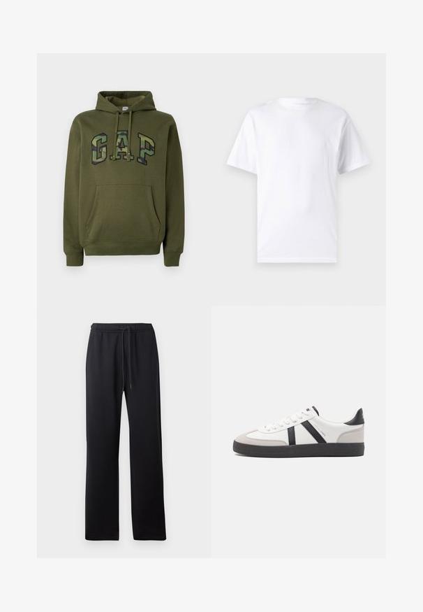 Olivengrøn hættetrøje med frontkangaroo-lomme, snoretræk i hætten og "GAP" logo i camouflageprint på brystet.; Hvid kortærmet t-shirt lavet af bomuld med rund hals, der har en glat tekstur og et simpelt design uden mønstre eller accenter.; Abercrombie & Fitch ESSENTIAL BAGGY OPEN HEM CASUAL - Træningsbukser - black; Hvide sneakers med sorte og grå detaljer, med en tekstureret grå tåhætte, sort gummisål og flade hvide snørebånd. Rent design, minimalistisk stil.
