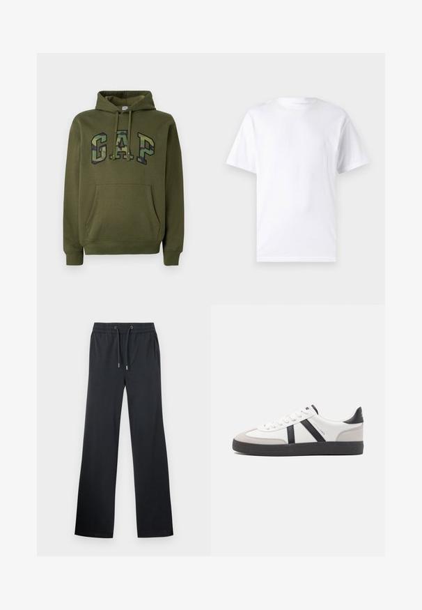 Sudadera verde oliva con bolsillo canguro frontal, capucha con cordones y logotipo "GAP" en estampado de camuflaje en el pecho.; Camiseta blanca de manga corta hecha de algodón con cuello redondo, que presenta una textura suave y un diseño simple sin patrones ni acentos.; Pantalones anchos negros hechos de una tela suave. Cuentan con una cinturilla elástica con cordón y un sutil brillo. Sin patrones o acentos visibles.; Zapatilla blanca con acentos en negro y gris, que presenta una puntera texturizada en gris, suela de goma negra y cordones planos blancos. Diseño limpio, estilo minimalista.
