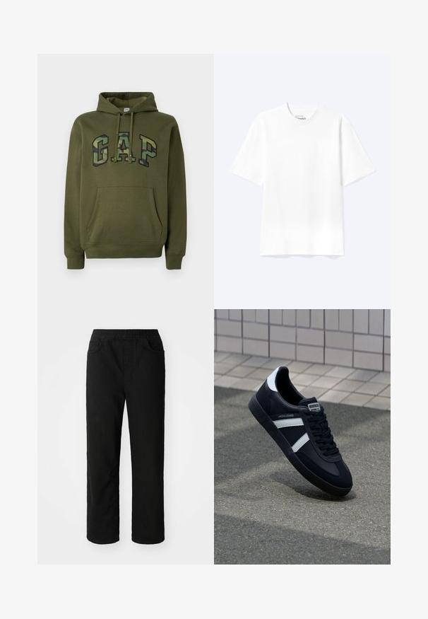 Olivegrüner Hoodie mit frontaler Kängurutasche, Kapuze mit Kordelzug und "GAP"-Logo im Camouflage-Druck über der Brust.; Schlichtes weißes T-Shirt mit kurzen Ärmeln und Rundhalsausschnitt in entspannter Passform, auf hellem Hintergrund dargestellt.; Schwarze Baumwollhose mit lockerer Passform, elastischem Taillenbund, zwei Fronttaschen und geradem Bein. Glatte Textur ohne sichtbare Muster.; Schwarze Leder-Sneaker mit weißen Streifen, strukturiertem Gummisohle und Schnürung. Verfügt über ein Markenetikett auf der Zunge.