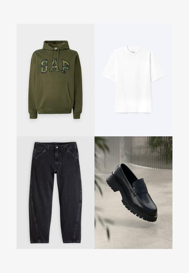 Oliivinvihreä huppari, jossa on etupäivä tasku, säädettävä huppu ja "GAP"-logo camouflage-kuvassa rinnassa.; Yksinkertainen valkoinen lyhythihainen pyöreäkauluspaita, väljähkössä istuvuudessa, esitetty vaalealla taustalla.; Mustat farkut, joissa on väljää istuvuus, normaali vyötärö, viiden taskun malli ja kontrastitetut saumat.; Mustat nahka loaferit, joissa on paksu pohja, koristeellinen nauha ja ompelu yksityiskohtana. Liukas pinta kiiltävällä viimeistelyllä.
