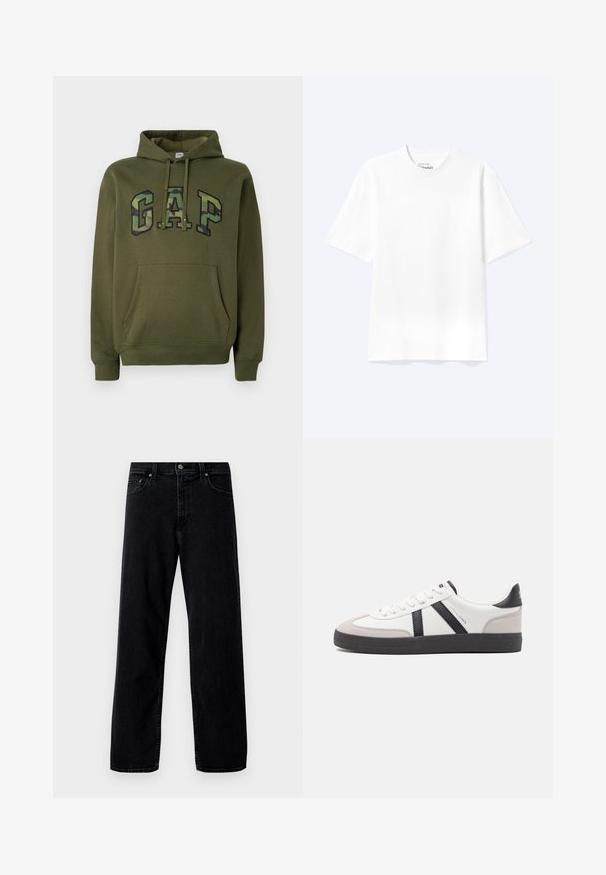 Olivegrüner Hoodie mit frontaler Kängurutasche, Kapuze mit Kordelzug und "GAP"-Logo im Camouflage-Druck über der Brust.; Schlichtes weißes T-Shirt mit kurzen Ärmeln und Rundhalsausschnitt in entspannter Passform, auf hellem Hintergrund dargestellt.; Hollister Co. Baggy Jeans - washed black; Weiße Sneaker mit schwarz- und grau-aczenten, ausgestattet mit einer strukturierten grauen Zehenkappe, schwarzer Gummi-Sohle und flachen weißen Schnürsenkeln. Sauberes Design, minimalistische Stil.