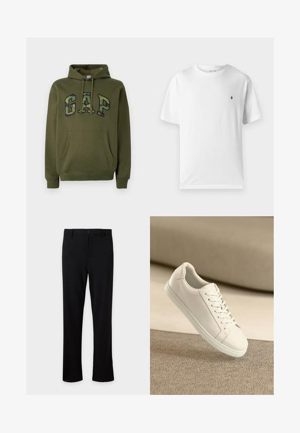 Sudadera verde oliva con bolsillo canguro frontal, capucha con cordones y logotipo "GAP" en estampado de camuflaje en el pecho.; Camiseta blanca de algodón con cuello redondo, mangas cortas y un pequeño logo negro en el pecho. Textura suave, corte casual.; Pantalón de vestir negro con perneras rectas, cierre de botón y cremallera, trabillas para cinturón y sin bolsillos visibles, mostrado sobre un fondo liso y claro.; Zapatilla de cuero blanca con cordones blancos, exhibida sobre una superficie texturizada beige y un suave fondo desenfocado.