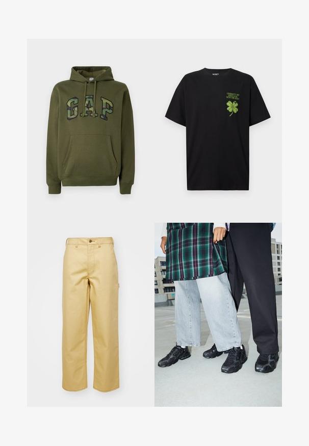 Oliivinvihreä huppari, jossa on etupäivä tasku, säädettävä huppu ja "GAP"-logo camouflage-kuvassa rinnassa.; Mustan puuvillan T-paita, jossa on vihreä nelilehtinen apila -grafiikka ja teksti "ONNEA JATKOSSA" vasemmassa rintapuskurissa.; Vaaleanbeige leveälahkeiset housut, jotka on valmistettu puuvillasta ja joissa on etupainike, vyölenkit ja sivutaskut. Sujuva pinta, jossa on näkyvät ompeluyksityiskohdat.; Mustat urheilukengät, joissa on verkko- ja kumikoristeita. Yhdistetty vaaleanharmaiden leveiden farkkujen ja ruudullisen vihreän paidan kanssa. Tasainen tausta.