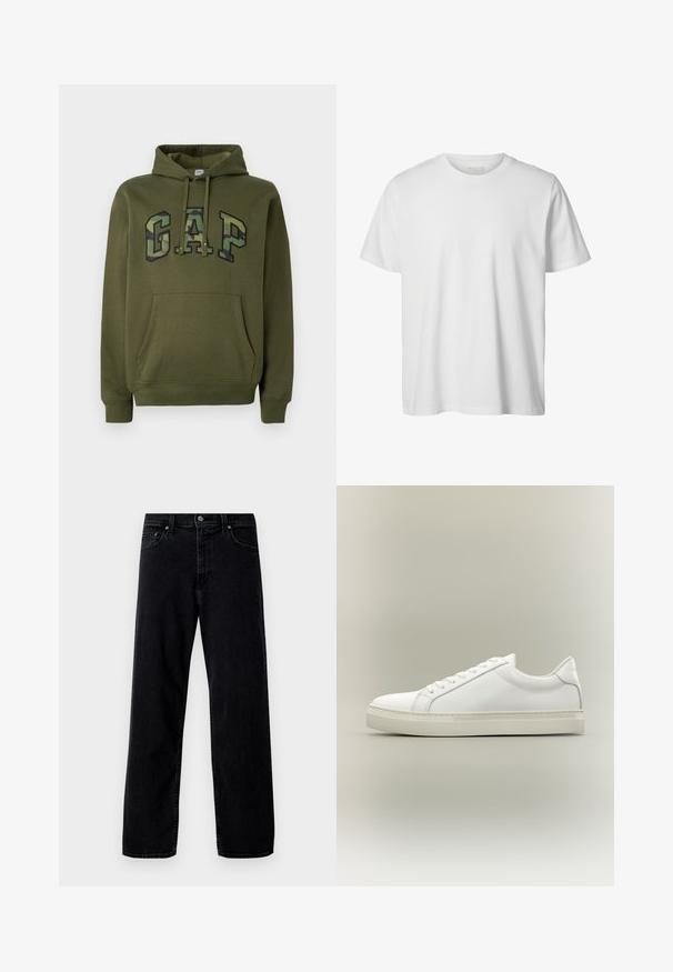Olijfgroene hoodie met een voorste buidelzak, trekkoord capuchon en het "GAP" logo in camouflageprint over de borst.; Eenvoudig wit T-shirt met korte mouwen en ronde hals, losse pasvorm en zonder zichtbare logo's of ontwerpen aan de voorkant.; Hollister Co. Baggy jeans - washed black; Witte lage sneaker met veters aan de voorkant en dikke zool, zijaanzicht tegen een neutrale achtergrond.