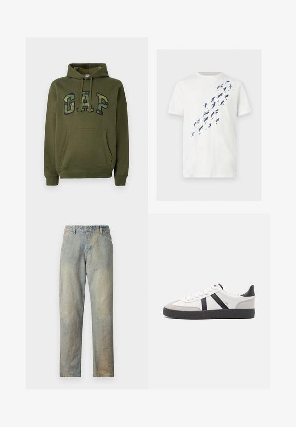 Olivegrüner Hoodie mit frontaler Kängurutasche, Kapuze mit Kordelzug und "GAP"-Logo im Camouflage-Druck über der Brust.; Weißes T-Shirt mit kurzen Ärmeln und einem diagonalen Muster blauer Koi-Fische, die von unten links nach oben rechts schwimmen.; Hellblaue Jeans aus Denim mit geradem Bein, ausgestattet mit einem Knopf- und Reißverschluss, leichtem Verblassen und ohne sichtbare Verzierungen.; Weiße Sneaker mit schwarz- und grau-aczenten, ausgestattet mit einer strukturierten grauen Zehenkappe, schwarzer Gummi-Sohle und flachen weißen Schnürsenkeln. Sauberes Design, minimalistische Stil.