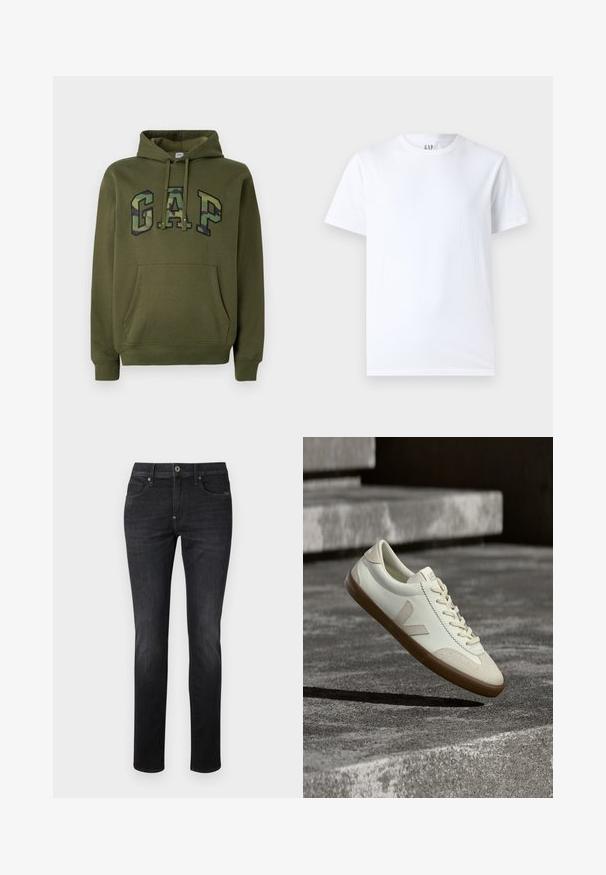 Sudadera verde oliva con bolsillo canguro frontal, capucha con cordones y logotipo "GAP" en estampado de camuflaje en el pecho.; Camiseta de algodón blanca con cuello redondo y mangas cortas. Diseño simple sin patrones ni gráficos, con la marca GAP en el cuello.; Jeans de mezclilla oscura con un ajuste recto ajustado, que cuentan con un diseño estándar de cinco bolsillos, cierre de botón y detalles de costura sutiles.; Zapatillas blancas de cuero con suela de goma color beige, cordones planos y un acento en forma de V en el costado. Presentan una superficie lisa y detalles mínimos de costura.