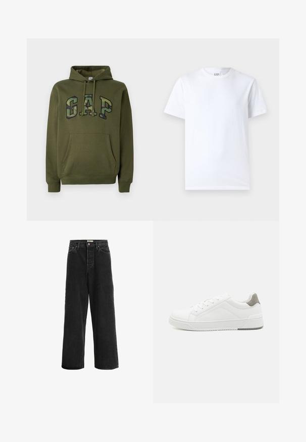 Olivegrüner Hoodie mit frontaler Kängurutasche, Kapuze mit Kordelzug und "GAP"-Logo im Camouflage-Druck über der Brust.; Weißes Baumwoll-T-Shirt mit Rundhalsausschnitt und kurzen Ärmeln. Einfaches Design ohne Muster oder Grafiken, mit GAP-Logo am Kragen.; Schwarze weit geschnittene Jeans aus Denim. Sie verfügt über eine hohe Taille, zwei Fronttaschen, einen Knopfverschluss und dezente Nähte.; Weißer Sneaker aus glattem Leder, runde Zehenpartie, minimalistisches Design, graue Fersenkante und strukturierte Gummisohle.