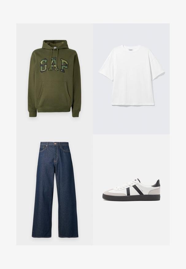 Olivegrüner Hoodie mit frontaler Kängurutasche, Kapuze mit Kordelzug und "GAP"-Logo im Camouflage-Druck über der Brust.; Weißes oversized T-Shirt mit kurzen Ärmeln und Rundhalsausschnitt mit eingesetzten Schultern, flach auf hellgrauem Hintergrund.; Jeans mit weitem Bein aus dunkelblauem Denim mit oranger Naht, versehen mit fünf Taschen, einem vorderen Knopfverschluss und einer geraden Silhouette.; Weiße Sneaker mit schwarz- und grau-aczenten, ausgestattet mit einer strukturierten grauen Zehenkappe, schwarzer Gummi-Sohle und flachen weißen Schnürsenkeln. Sauberes Design, minimalistische Stil.