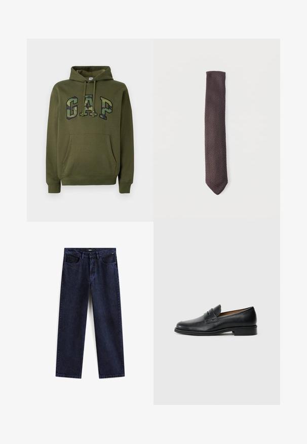 Sudadera verde oliva con bolsillo canguro frontal, capucha con cordones y logotipo "GAP" en estampado de camuflaje en el pecho.; Jeans rectos de color azul oscuro con bolsillos delanteros, pasadores de cinturón, cierre de botón y logo de Vans en la cintura y el bolsillo.; Mocasines de cuero negro con punta redonda, que cuentan con un detalle de correa frontal y un tacón bajo y sólido. Textura suave y diseño estilizado.; Corbata de punto texturizada marrón oscuro extendida sobre un fondo blanco con una punta en forma de pico.