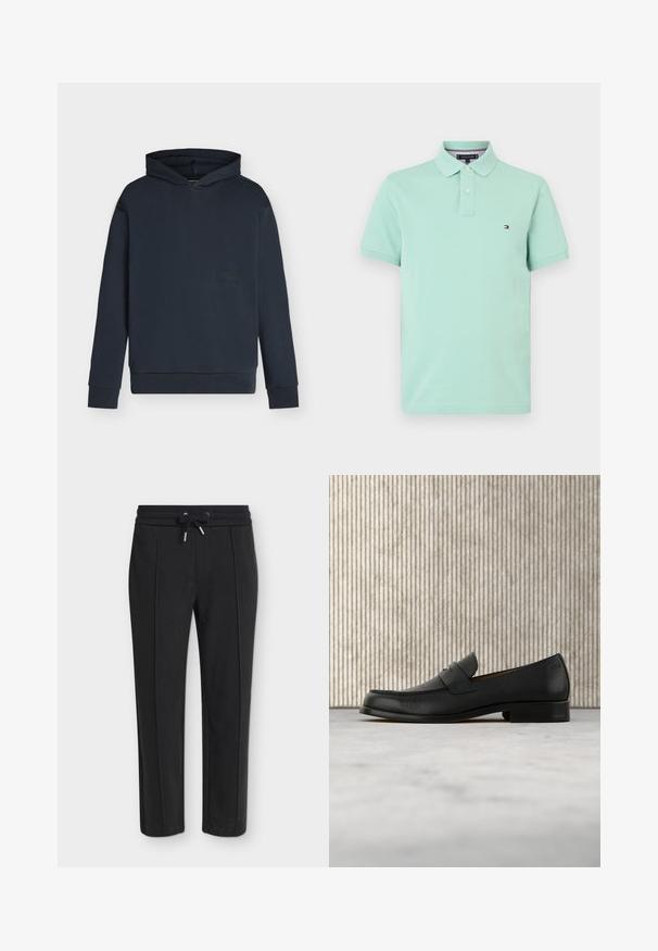 Sweat à capuche bleu marine foncé, manches longues, poignets et taille côtelés, avec un discret patch logo rectangulaire sur la poitrine.; Polo vert menthe clair en coton, avec un col classique, une patte à deux boutons et un petit logo sur le côté gauche de la poitrine.; Pantalon noir fuselé avec une taille élastique et un cordon, présentant une subtile texture côtelée verticale.; Mocassin en cuir noir flottant au-dessus d'un tapis beige avec une table ronde brune brillante en arrière-plan.