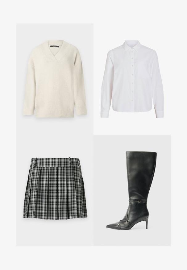 Pull à col en V en crème clair, fabriqué à partir d'un matériau doux. Présente des épaules tombantes, des poignets côtelés et une coupe décontractée.; Chemise blanche à manches longues, boutonnage frontal, col classique, poche poitrine unique, confectionnée dans un tissu lisse et léger avec une coupe décontractée.; Jupe plissée à carreaux noir et blanc avec une taille lisse et de multiples plis verticaux. Fabriquée en tissu léger.; Bottes noires en cuir montant jusqu'au genou, avec un talon fin, un bout pointu et des détails de lanière à la cheville. Texture lisse et design ajusté.