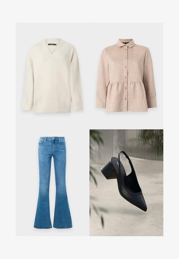 V-hals sweater i lys creme, lavet af blødt materiale. Har sænkede skuldre, ribbet ærmekanter og en afslappet pasform.; Beige ruskindskjorte med krave, knaplukning foran og peplum talje. Har lange ærmer og en glat tekstur med små knapper.; Blå denim flared jeans med mellemhøj talje, der har fem lommer, en standard knaplukning og let falmning for struktur.; Sort læder slingback hæl med spids tå og blokhæl. Glat tekstur, minimalistisk design og justerbar ankelrem.