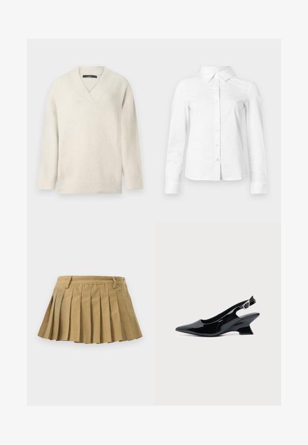 Pull à col en V en crème clair, fabriqué à partir d'un matériau doux. Présente des épaules tombantes, des poignets côtelés et une coupe décontractée.; Chemise blanche à manches longues avec boutons, col pointu, ourlet droit et silhouette ajustée, présentée sur un fond clair uni.; Jupe plissée en tissu beige, dotée d'une taille ajustée, de multiples plis et d'un ourlet droit. Pas de fermetures ou d'accents visibles.; Chaussure slingback en cuir verni noir avec bout pointu et petit talon bloc incliné sur fond clair uni.