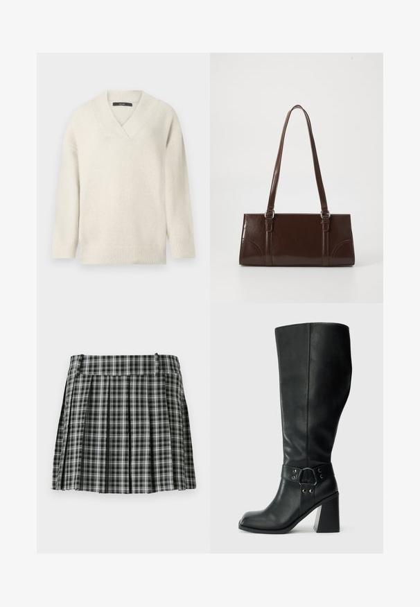 V-hals sweater i lys creme, lavet af blødt materiale. Har sænkede skuldre, ribbet ærmekanter og en afslappet pasform.; Sort-hvidt ternet plisseret nederdel med en glat talje og flere lodrette folder. Fremstillet af let stof.; Knæhøje sorte læderstøvler med firkantet tå, bred hæl og en dekorativ rem med metalaccenter omkring anklen. Glat tekstur.; Brun lakeret håndtaske med rektangulær form, to lange håndtag og subtile buede detaljer på fronten.
