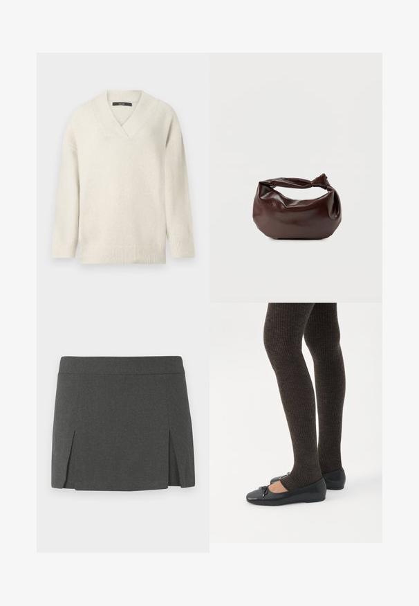 V-hals trui in licht crème, gemaakt van zacht materiaal. Heeft een dropped schouderlijn, geribde manchetten en een relaxte pasvorm.; Grijze mini-jurk met een gladde textuur, voorzien van een platte tailleband en twee verticale uitsparingen aan de voorkant voor extra detail. Casual ontwerp.; Benen met donkere geribbelde leggings gecombineerd met zwarte ballerina's met kleine strikdetails op een witte achtergrond.; Donkerbruine leren schoudertas met een zachte, slungelige vorm en een gedraaide knoopvormige handgreep op een effen witte achtergrond.
